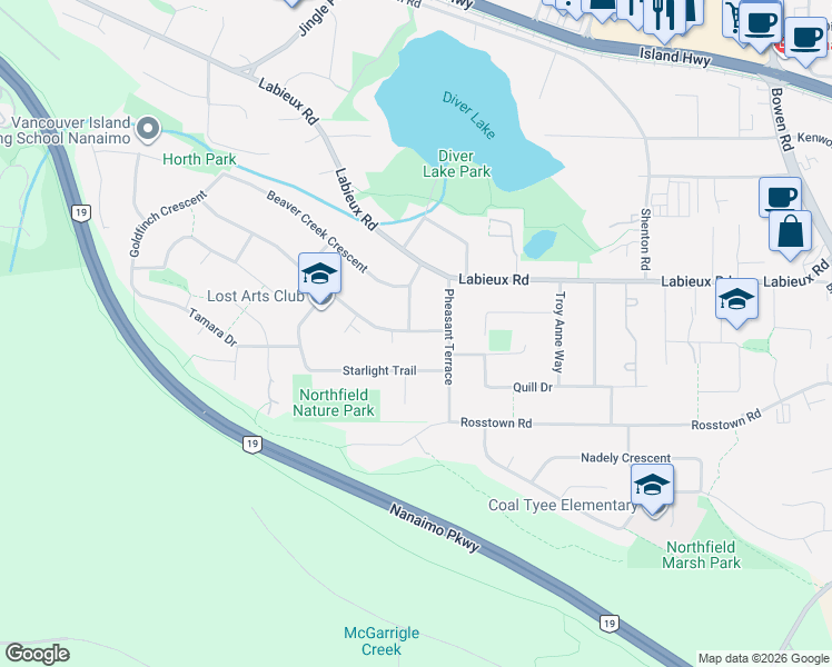 map of restaurants, bars, coffee shops, grocery stores, and more near 2613 Willow Grouse Crescent in Nanaimo