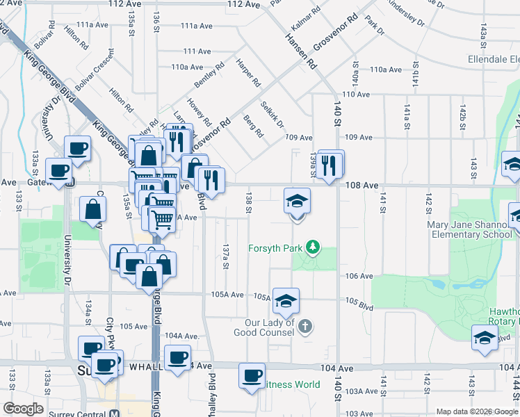 map of restaurants, bars, coffee shops, grocery stores, and more near 10756 138 Street in Surrey