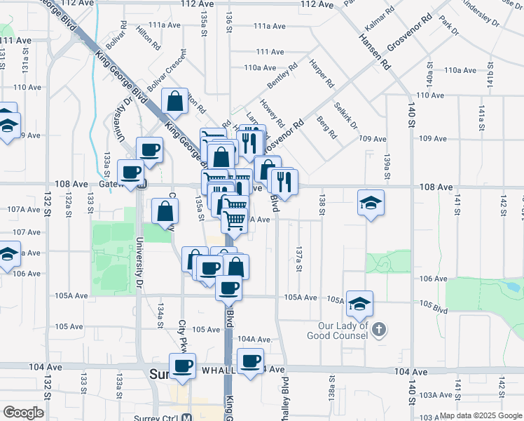 map of restaurants, bars, coffee shops, grocery stores, and more near in Surrey