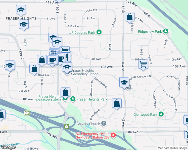 map of restaurants, bars, coffee shops, grocery stores, and more near 16242 108 Avenue in Surrey