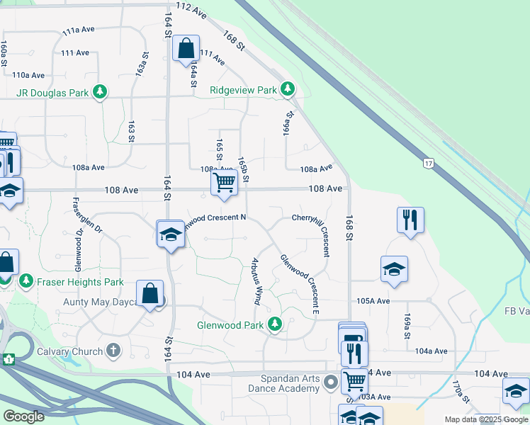 map of restaurants, bars, coffee shops, grocery stores, and more near 10753 Hazel Court in Surrey