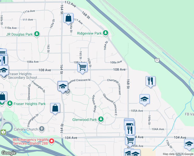 map of restaurants, bars, coffee shops, grocery stores, and more near 10753 Hazel Court in Surrey