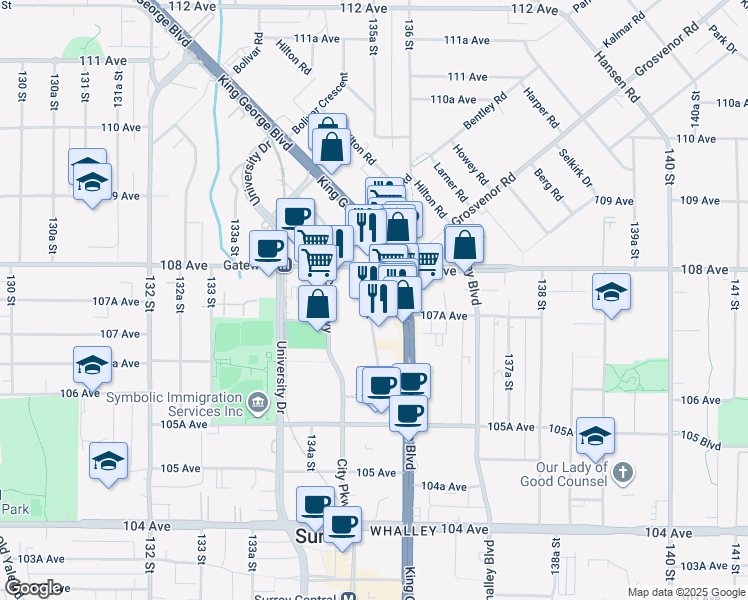 map of restaurants, bars, coffee shops, grocery stores, and more near 10750 135A Street in Surrey
