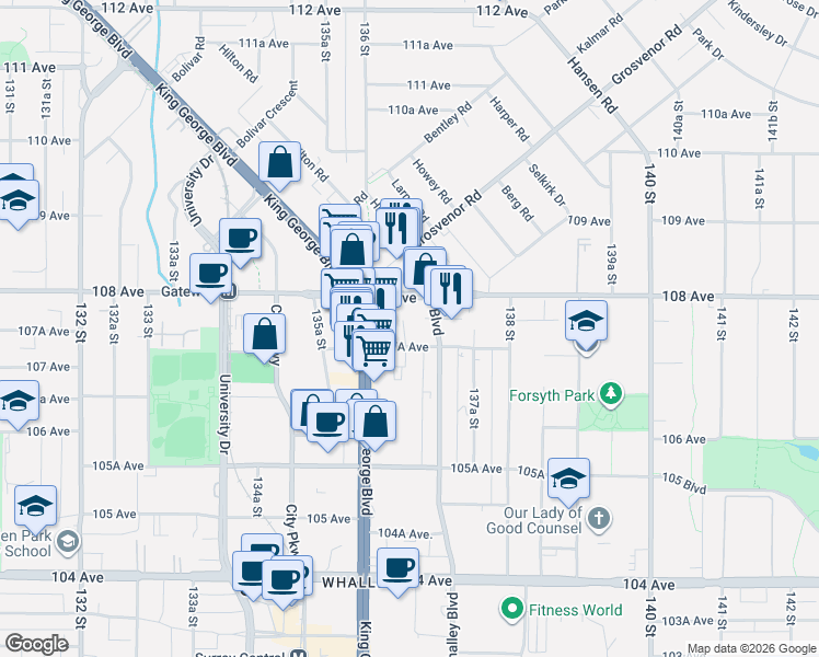 map of restaurants, bars, coffee shops, grocery stores, and more near 10760 136A Street in Surrey