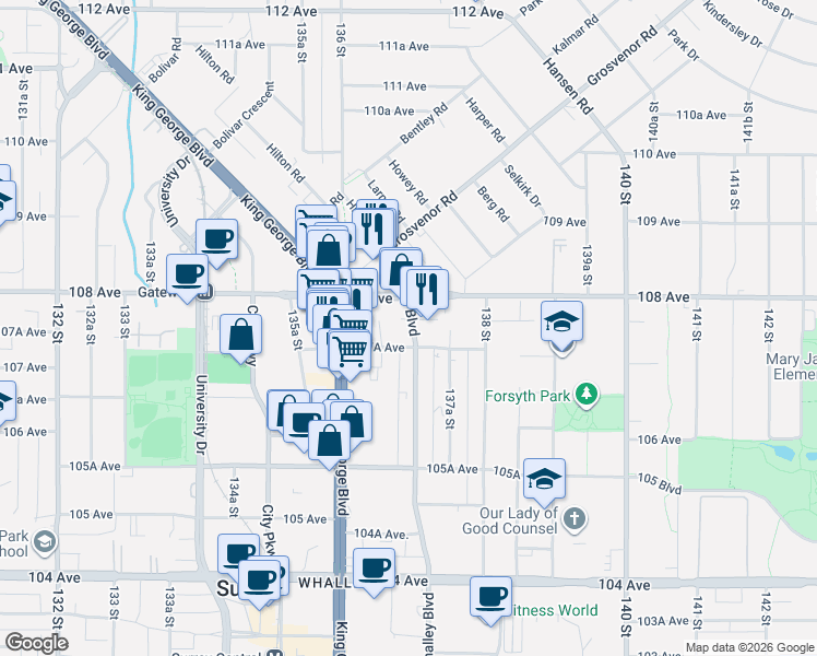 map of restaurants, bars, coffee shops, grocery stores, and more near 10767 Whalley Boulevard in Surrey