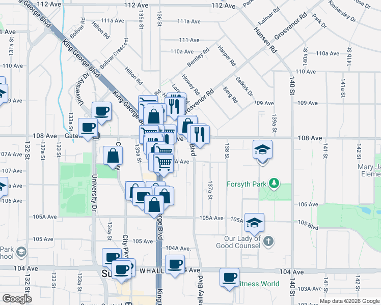 map of restaurants, bars, coffee shops, grocery stores, and more near 10767 Whalley Boulevard in Surrey
