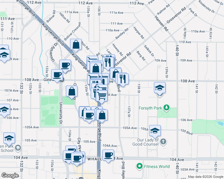 map of restaurants, bars, coffee shops, grocery stores, and more near 10760 136A Street in Surrey