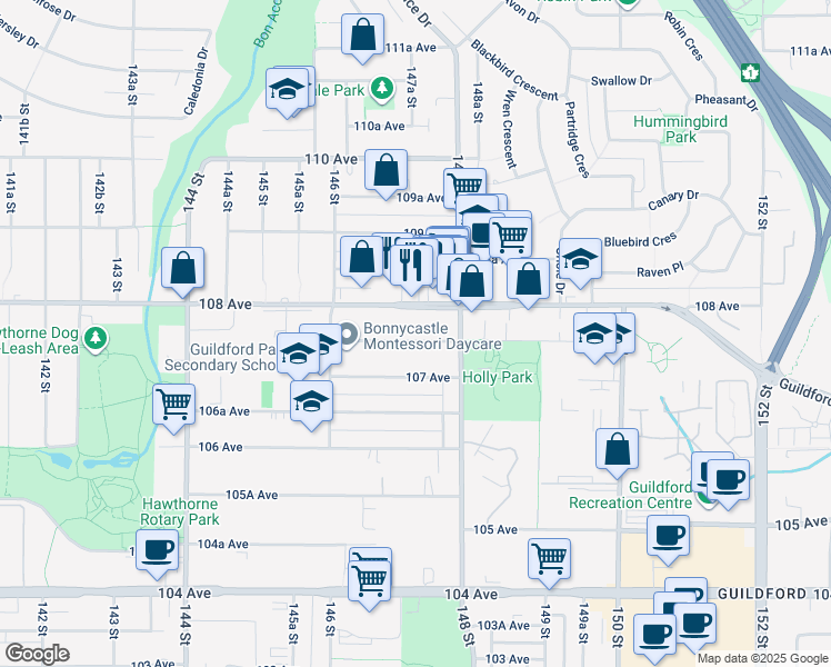 map of restaurants, bars, coffee shops, grocery stores, and more near 14735 107A Avenue in Surrey