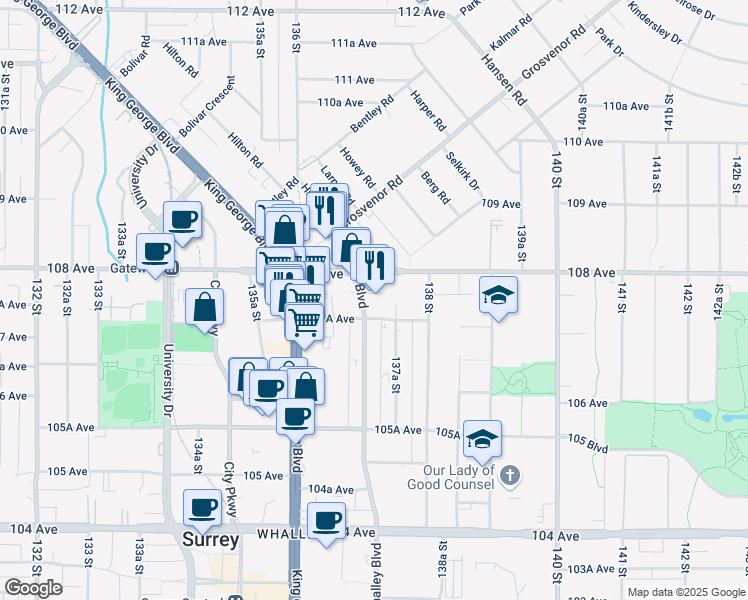 map of restaurants, bars, coffee shops, grocery stores, and more near in Surrey