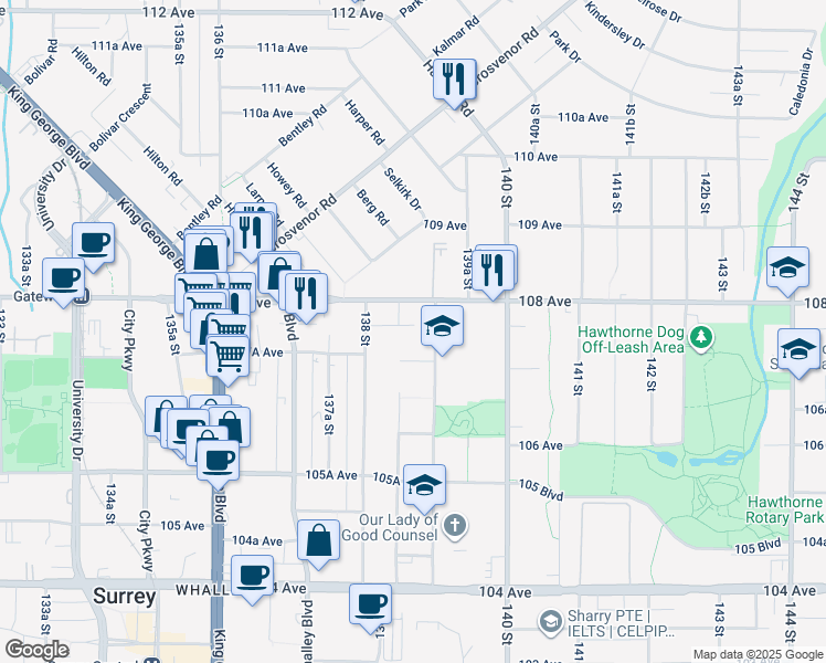 map of restaurants, bars, coffee shops, grocery stores, and more near 10743 139 Street in Surrey