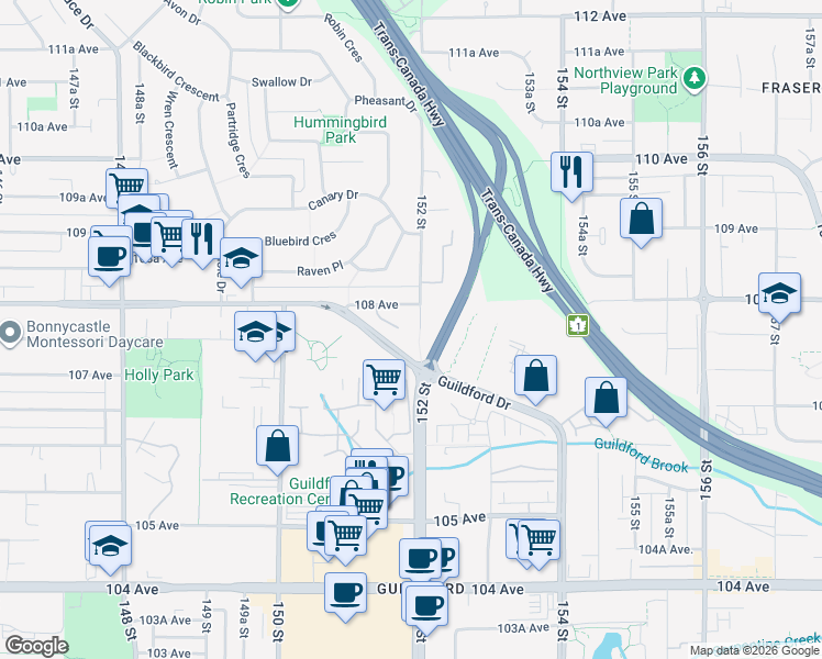 map of restaurants, bars, coffee shops, grocery stores, and more near 15120 108 Avenue in Surrey