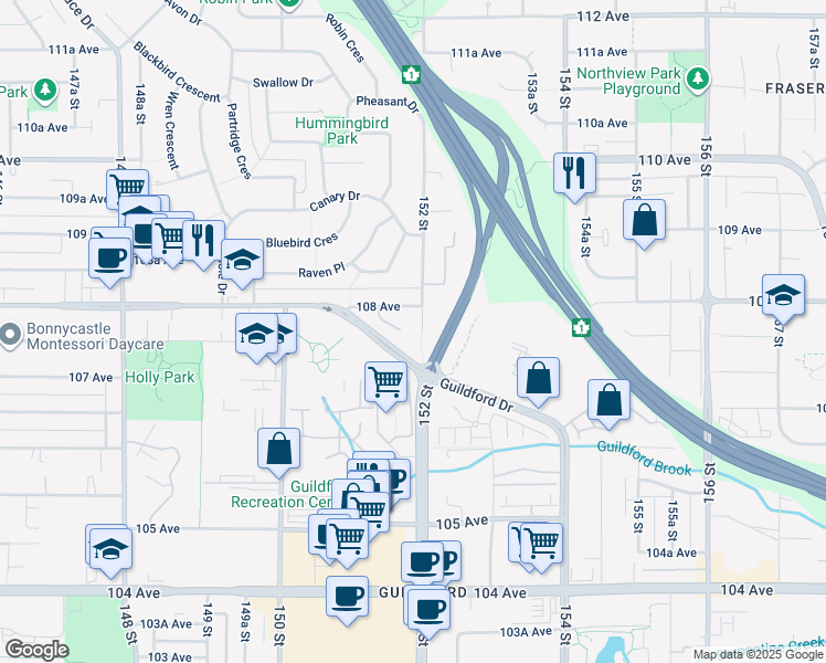 map of restaurants, bars, coffee shops, grocery stores, and more near 15120 108 Avenue in Surrey