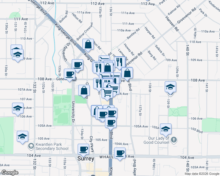 map of restaurants, bars, coffee shops, grocery stores, and more near 10768 King George Highway in Surrey