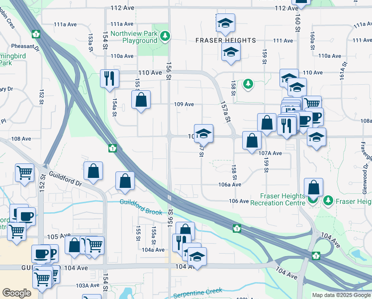 map of restaurants, bars, coffee shops, grocery stores, and more near 15663 107A Avenue in Surrey
