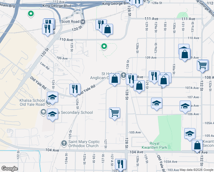 map of restaurants, bars, coffee shops, grocery stores, and more near 10177 107A Avenue in Surrey