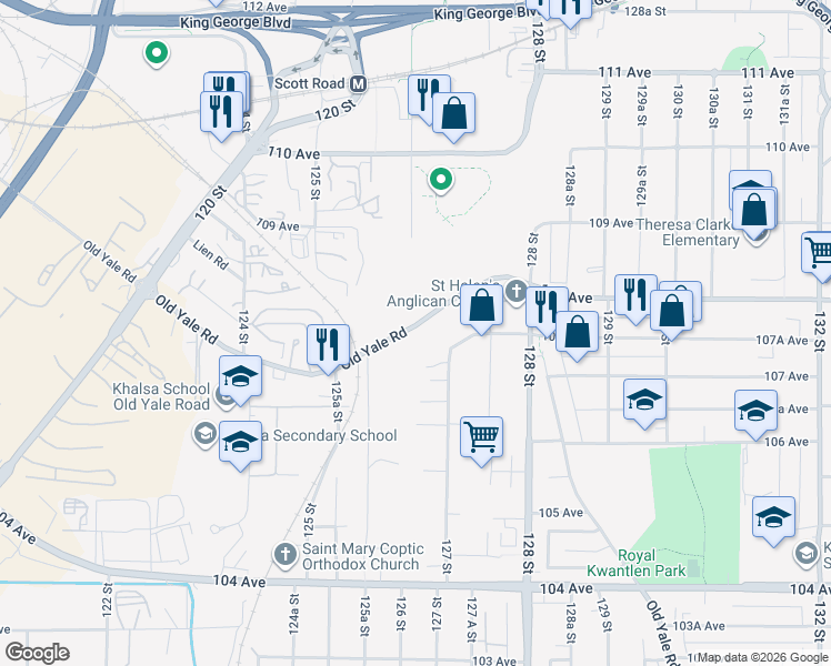 map of restaurants, bars, coffee shops, grocery stores, and more near 12622 Old Yale Road in Surrey