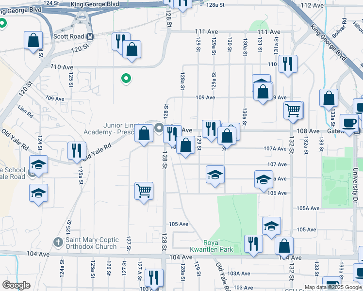 map of restaurants, bars, coffee shops, grocery stores, and more near 12855 107A Avenue in Surrey
