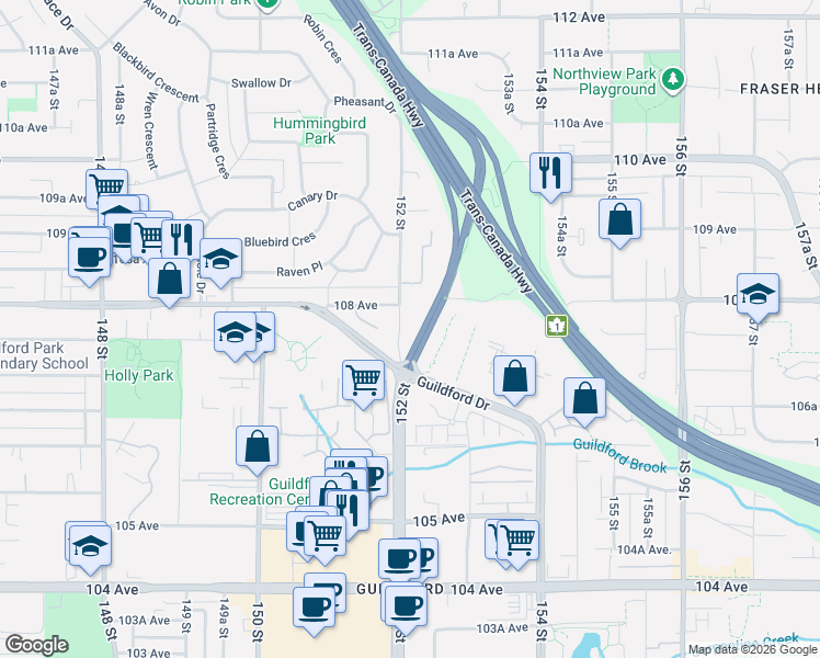 map of restaurants, bars, coffee shops, grocery stores, and more near 15150 108 Avenue in Surrey