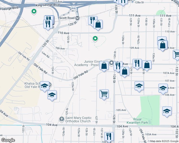 map of restaurants, bars, coffee shops, grocery stores, and more near 12640 Old Yale Road in Surrey