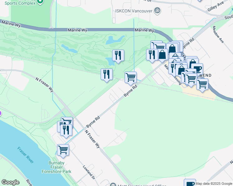 map of restaurants, bars, coffee shops, grocery stores, and more near 5113 Byrne Road in Burnaby