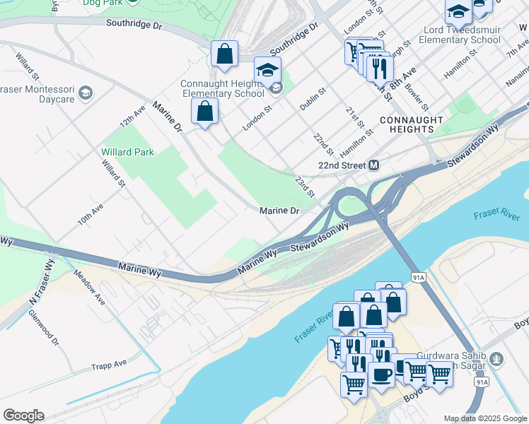 map of restaurants, bars, coffee shops, grocery stores, and more near 6508 Marine Way in Burnaby