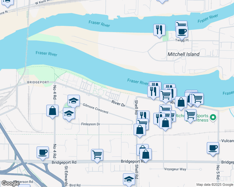 map of restaurants, bars, coffee shops, grocery stores, and more near 10311 River Drive in Richmond