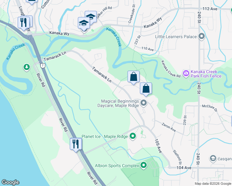 map of restaurants, bars, coffee shops, grocery stores, and more near 23571 108 Avenue in Maple Ridge