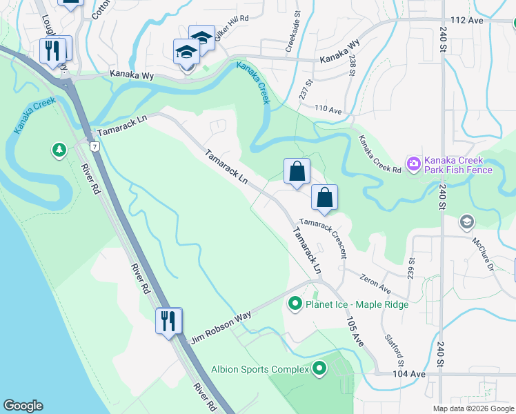 map of restaurants, bars, coffee shops, grocery stores, and more near 23547 108 Avenue in Maple Ridge