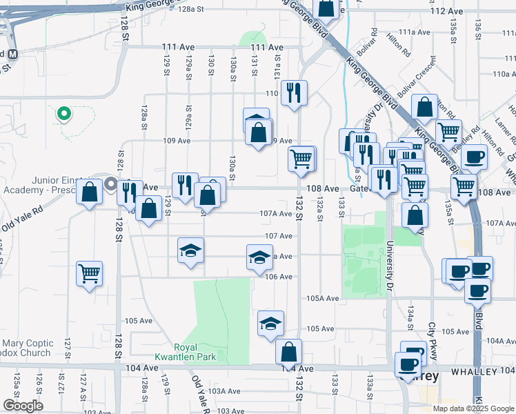 map of restaurants, bars, coffee shops, grocery stores, and more near 13115 107A Avenue in Surrey