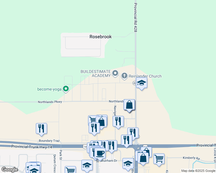 map of restaurants, bars, coffee shops, grocery stores, and more near 398 Redhawk Trail in Plum Coulee