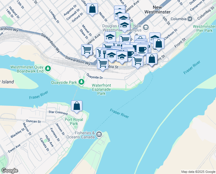map of restaurants, bars, coffee shops, grocery stores, and more near 31 Reliance Court in New Westminster