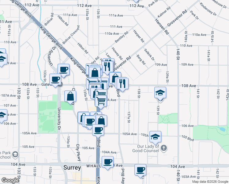 map of restaurants, bars, coffee shops, grocery stores, and more near 13675 107A Avenue in Surrey