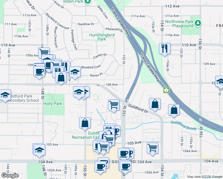 map of restaurants, bars, coffee shops, grocery stores, and more near 15130 108 Avenue in Surrey