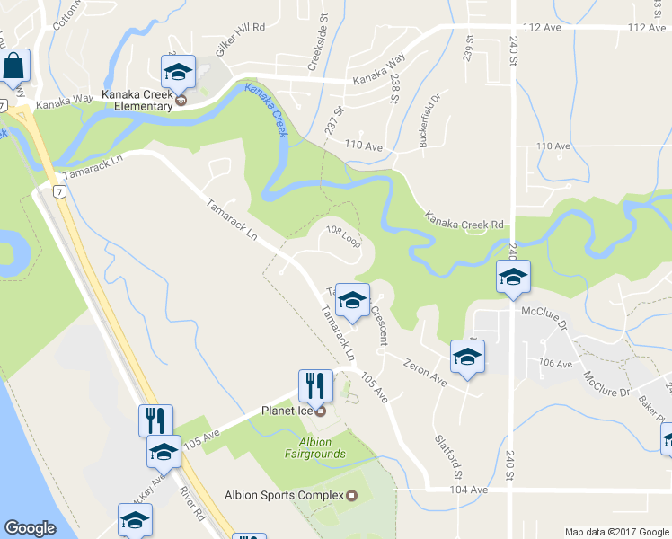 map of restaurants, bars, coffee shops, grocery stores, and more near 23626 108 Loop in Maple Ridge