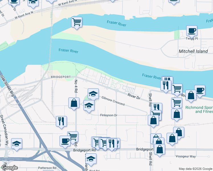 map of restaurants, bars, coffee shops, grocery stores, and more near 10233 River Drive in Richmond