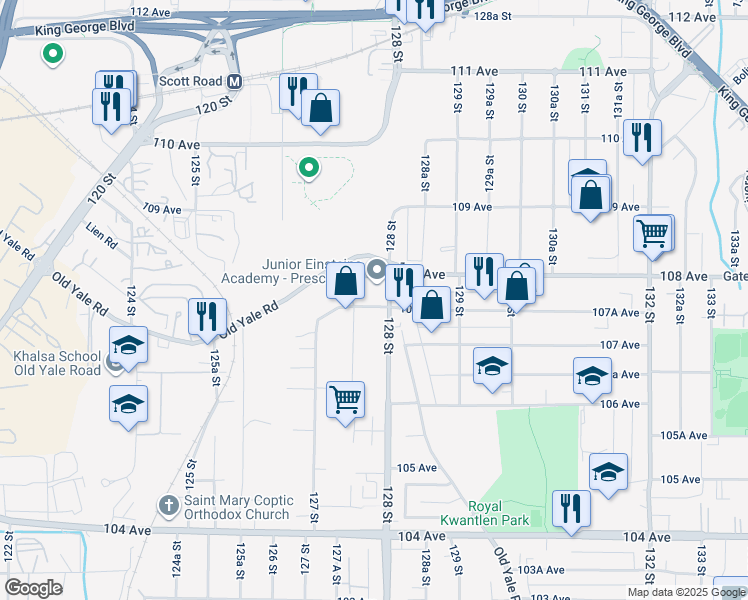 map of restaurants, bars, coffee shops, grocery stores, and more near 12771 107A Avenue in Surrey