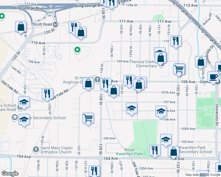 map of restaurants, bars, coffee shops, grocery stores, and more near 12855 107A Avenue in Surrey