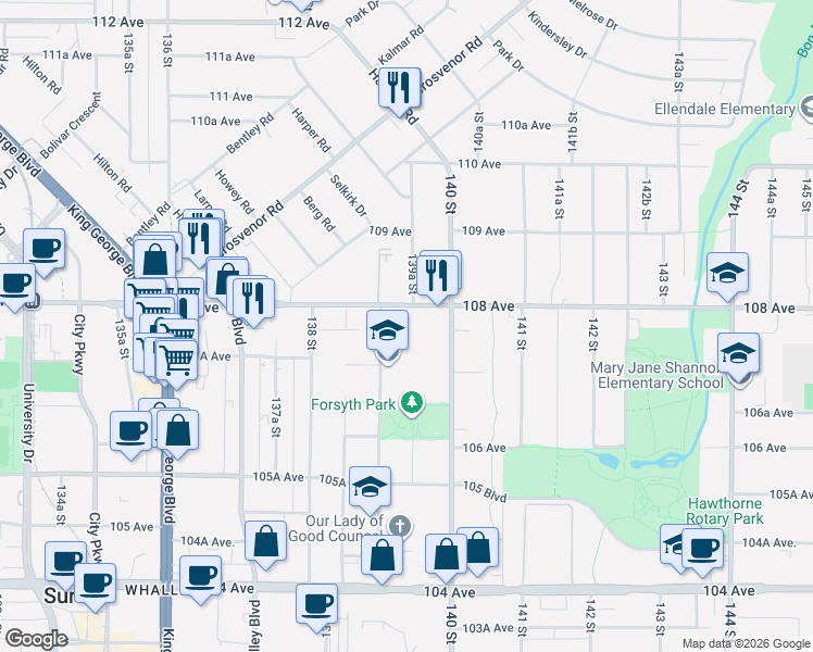 map of restaurants, bars, coffee shops, grocery stores, and more near 13958 108 Avenue in Surrey