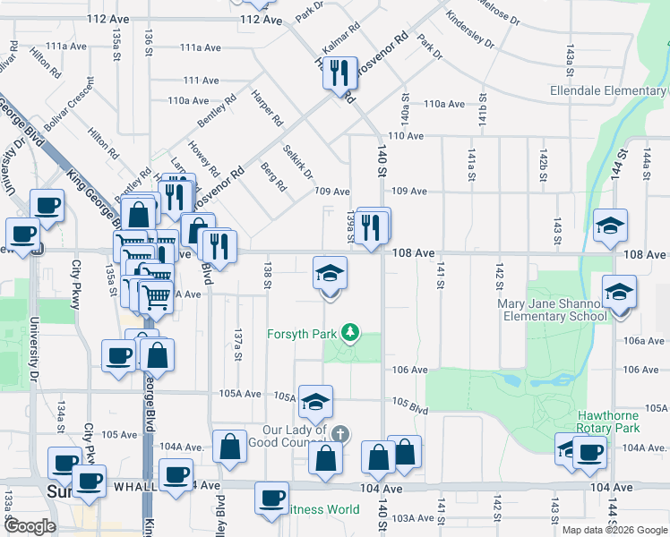map of restaurants, bars, coffee shops, grocery stores, and more near 10788 139 Street in Surrey