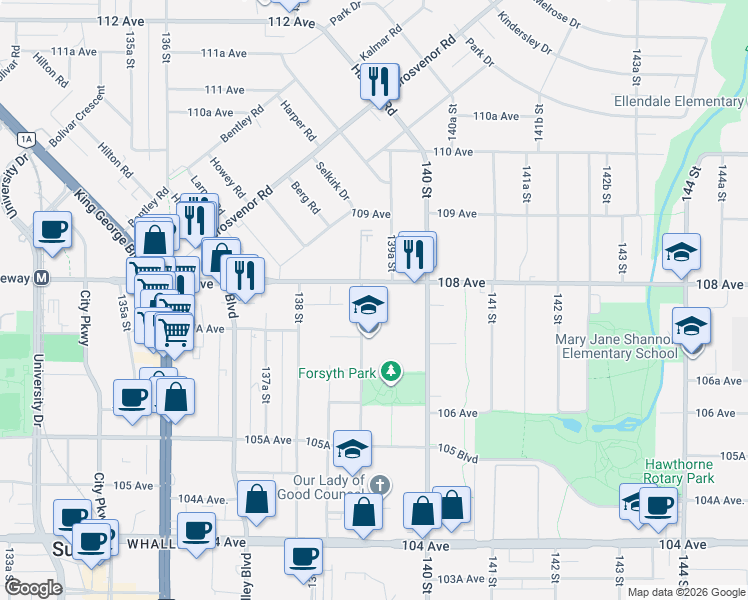 map of restaurants, bars, coffee shops, grocery stores, and more near 10788 139 Street in Surrey