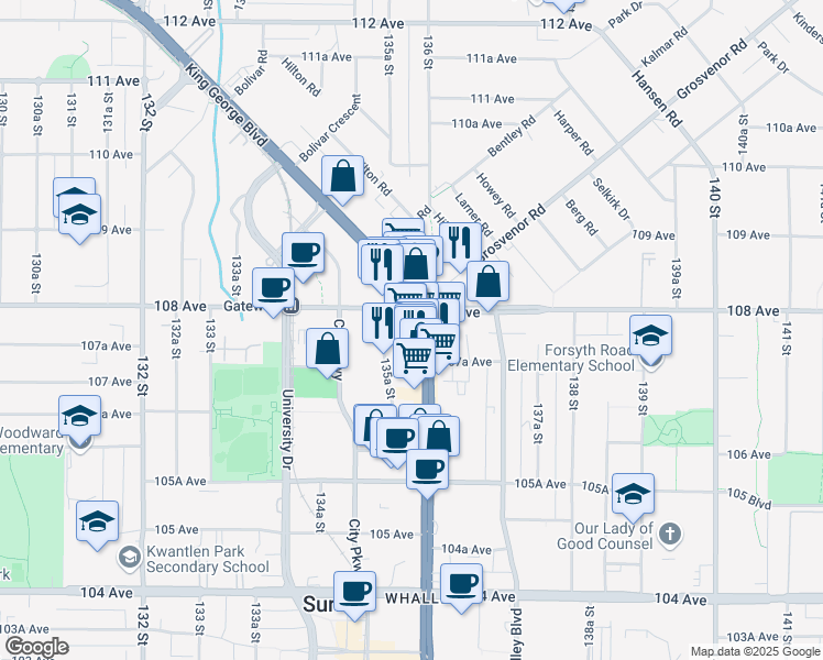 map of restaurants, bars, coffee shops, grocery stores, and more near 10767 King George Boulevard in Surrey