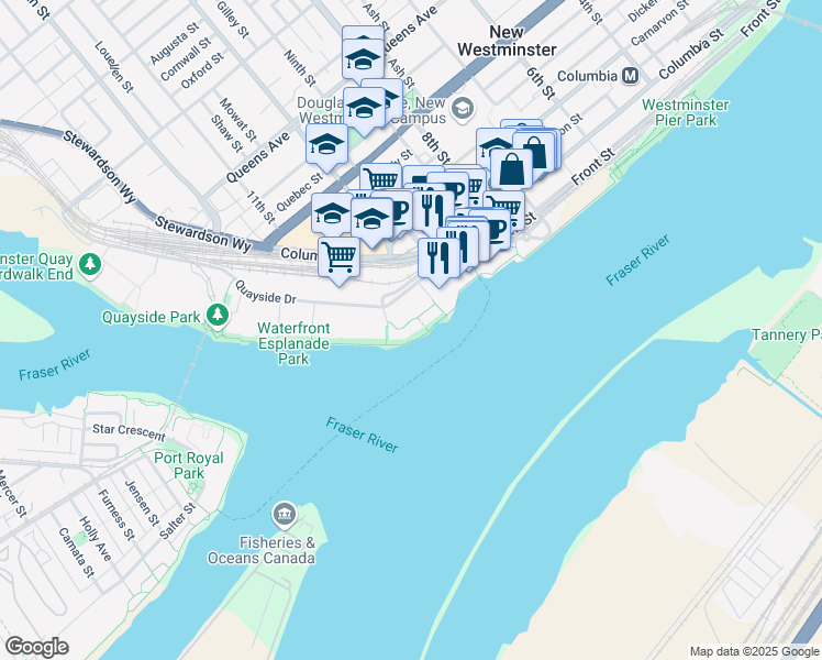 map of restaurants, bars, coffee shops, grocery stores, and more near 3 K De K Court in New Westminster