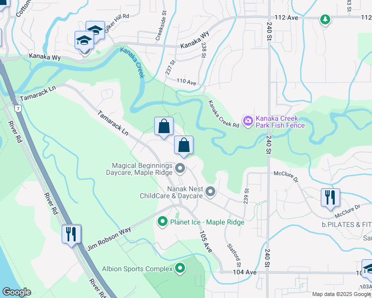 map of restaurants, bars, coffee shops, grocery stores, and more near 23650 108 Loop in Maple Ridge