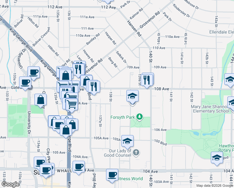 map of restaurants, bars, coffee shops, grocery stores, and more near 13838 108 Avenue in Surrey
