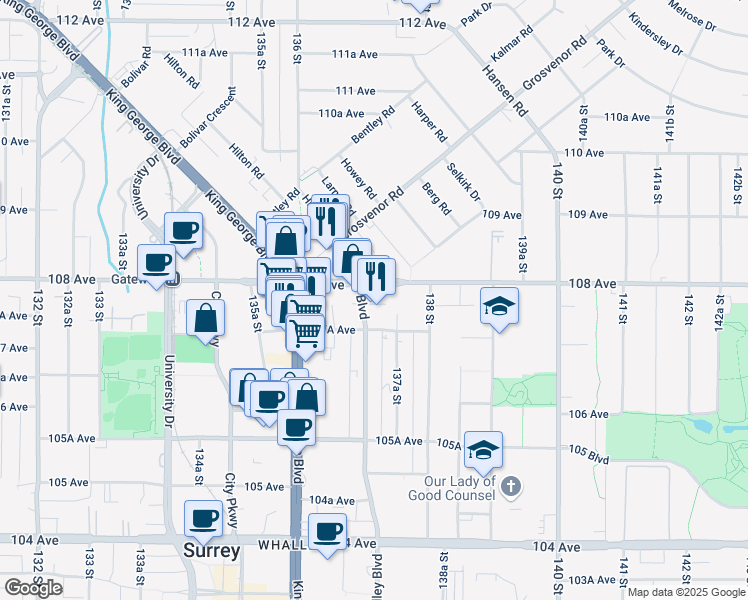 map of restaurants, bars, coffee shops, grocery stores, and more near 10788 Whalley Boulevard in Surrey