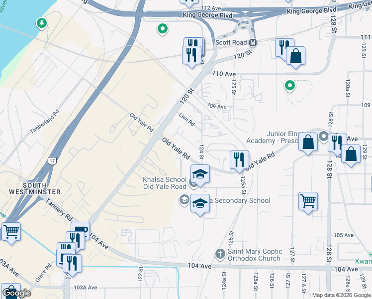 map of restaurants, bars, coffee shops, grocery stores, and more near in Surrey