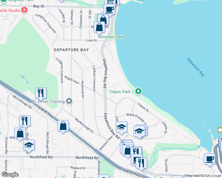 map of restaurants, bars, coffee shops, grocery stores, and more near 2550 Departure Bay Road in Nanaimo