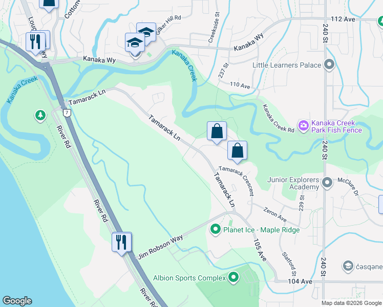 map of restaurants, bars, coffee shops, grocery stores, and more near 23555 108 Avenue in Maple Ridge
