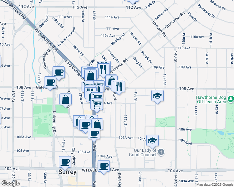 map of restaurants, bars, coffee shops, grocery stores, and more near in Surrey