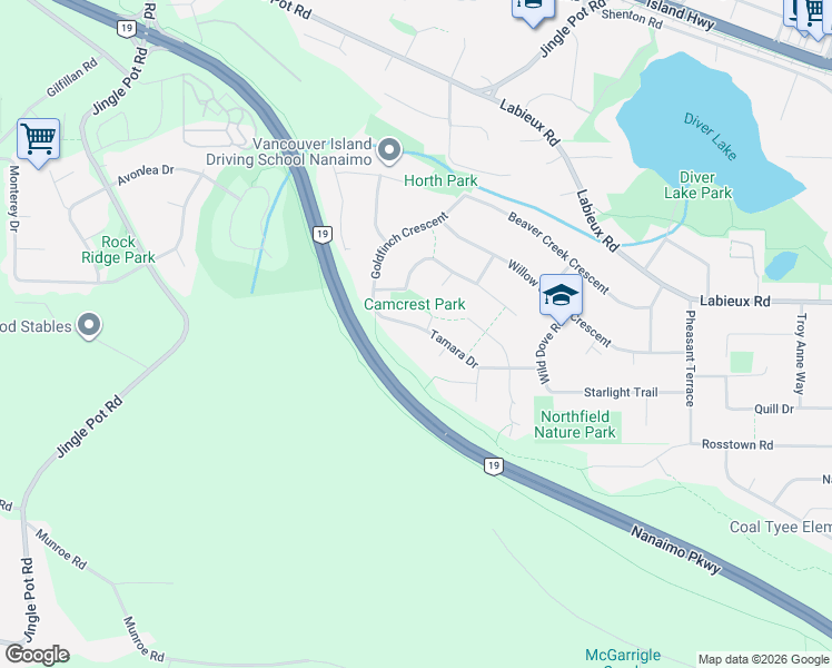 map of restaurants, bars, coffee shops, grocery stores, and more near 2781 Tamara Drive in Nanaimo